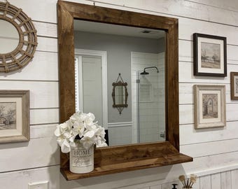 2.5" Frame Mirror with 5" Deep Shelf, 22 Colors Available, Entryway Mirror, Wood Framed Mirror, Wall Decor, Farmhouse, Storage Shelf, Unique