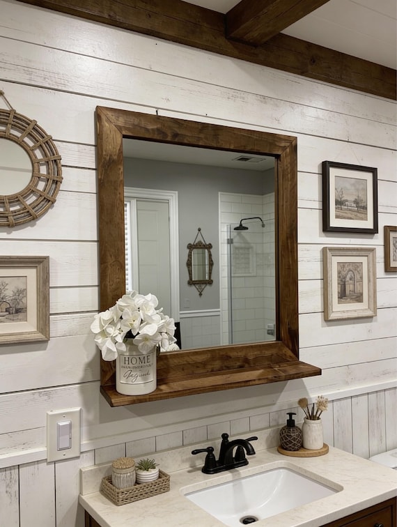 2.5" Frame Mirror with 5" Deep Shelf, 22 Colors Available, Entryway Mirror, Wood Framed Mirror, Wall Decor, Farmhouse, Storage Shelf, Unique