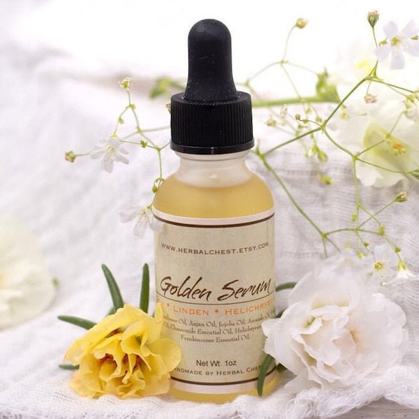 Glowing Golden Face Serum, Firming Facial Moisturizer, Organic Helichrysum Rosehip Oil Hydrating Skin Food, Vegan Natural Skincare