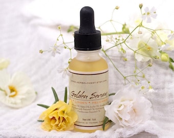 Glowing Golden Face Serum, Firming Facial Moisturizer, Organic Helichrysum Rosehip Oil Hydrating Skin Food, Vegan Natural Skincare
