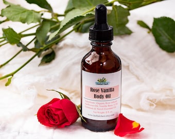 Organic Rose Vanilla Body Oil, Vegan Moisturizer Dry Skin Care, Home Spa Aromatic Gifts for Women, Natural Massage Bath Oil, Eco Friendly