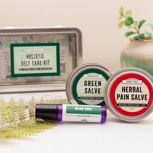 Holistic Wellness Self Care Kit, All Purpose & Pain Herbal Salves, Head Ease Roller Natural Apothecary, Eco Conscious Friendly Gift Box Set image 3