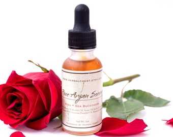 Anti Aging Rose Argan Face Serum, Organic Rosehip Facial Moisturizer Oil, Vegan Clean Skincare Natural Beauty Gift for Women, Her, Mom