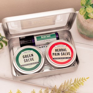 Holistic Wellness Self Care Kit, All Purpose & Pain Herbal Salves, Head Ease Roller Natural Apothecary, Eco Conscious Friendly Gift Box Set image 8