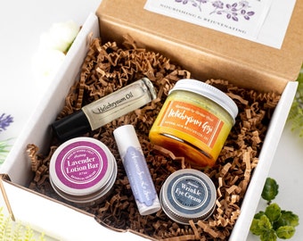 Botanical Skincare Box Set, Body Butter Moisturizer, Face Serum Oil, Wrinkle Eye Cream, Lotion Bar, Natural Eco Friendly Bundle Gift for Her