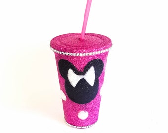 Minnie Mouse Tumbler, Glitter Tumbler Cup, Birthday Girl Cup, Minnie Mouse Party, Pink and White Polka Dot, Cup with Straw, Pink Party Decor