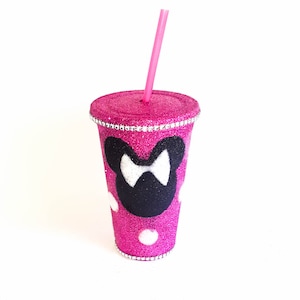 Minnie Mouse Tumbler, Glitter Tumbler Cup, Birthday Girl Cup, Minnie Mouse Party, Pink and White Polka Dot, Cup with Straw, Pink Party Decor