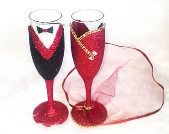 Wedding Gift For Couple, Glitter Champagne Glasses, Tulle Glasses, Toasting Flutes, Wedding Accessories, Anniversary, Prom Decorations