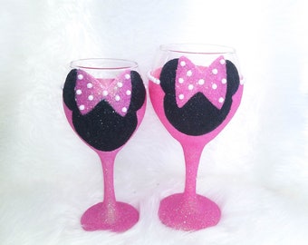Mommy & Me Set, Minnie Pearl Glitter Wine Glass, Minnie Mouse Party, Birthday Girl Cup, Stocking Stuffer Mother and Daughter Set, Christmas