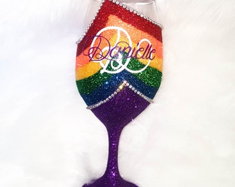 Rainbow Wine Glass, Girls Weekend Gift, Colorful, Girlfriend Gift, Birthday Cup, Swirl Wine Glass, Glitter Wine Glasses; Rainbows & Unicorns