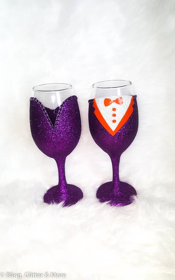 His And Hers Glass Set Prom Glasses Glitter Wine Glasses Etsy