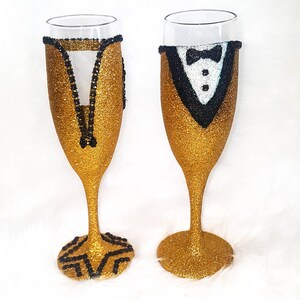 Prom Flutes His and Hers Glasses, Prom Decorations, Wedding Present, Black and Gold ...