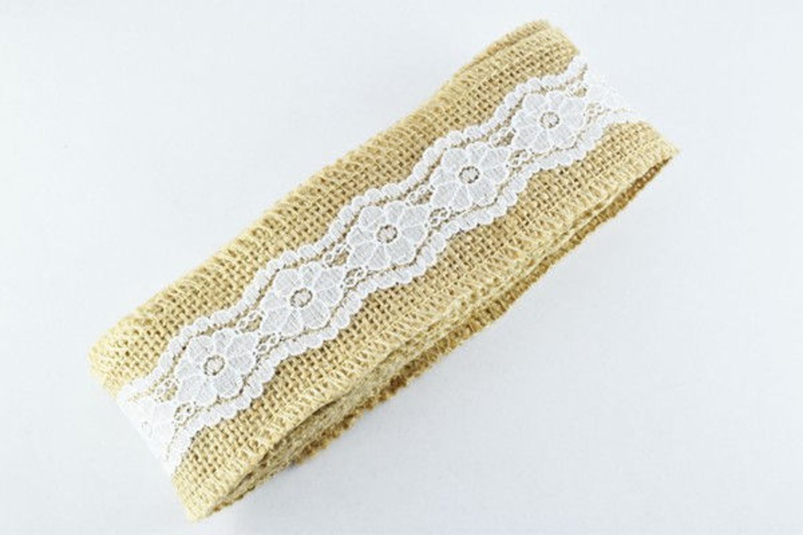Burlap Ribbon Wired Burlap Trim With White Lace 1 Yard Burlap Etsy
