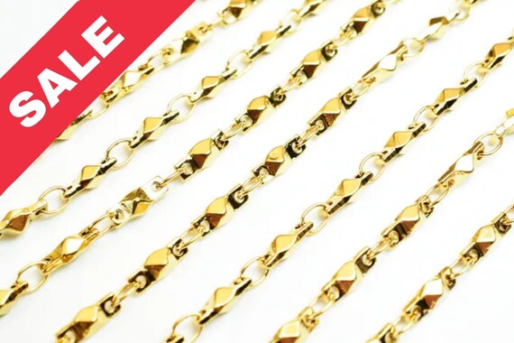 Gold Plated Tarnish Resistant Bar Chain - 18K Electroplated Finish, 2.5mm Width, Copper Metal, Ideal for Jewelry Crafting