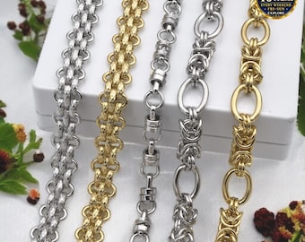 Gold And Silver Oval Link Chain, Textured Stainless Steel (Heavy Duty Links, Gold Finishing, Sold By Yard)