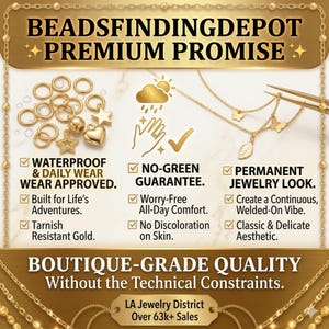 May include: A gold-toned jewelry component set featuring jump rings, star charms, and heart charms. The graphic includes text: BEADSFINDINGDEPOT PREMIUM PROMISE, WATERPROOF & DAILY WEAR APPROVED, NO-GREEN GUARANTEE, PERMANENT JEWELRY LOOK, and BOUTIQUE-GRADE QUALITY.