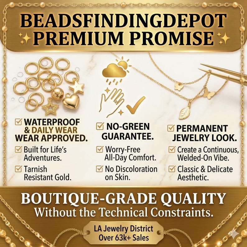 May include: A gold-toned jewelry component set featuring jump rings, star charms, and heart charms. The graphic includes text: BEADSFINDINGDEPOT PREMIUM PROMISE, WATERPROOF & DAILY WEAR APPROVED, NO-GREEN GUARANTEE, PERMANENT JEWELRY LOOK, and BOUTIQUE-GRADE QUALITY.