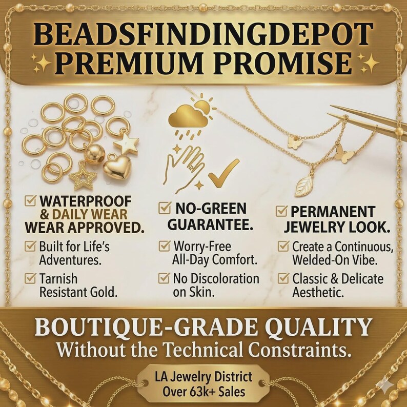 May include: Gold-toned jewelry and components are displayed in this image. The text reads "BEADSFINDINGDEPOT PREMIUM PROMISE" and highlights features like waterproof, tarnish-resistant, and permanent jewelry look. The image also includes the text "BOUTIQUE-GRADE QUALITY".