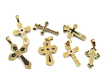 Goldfarbene Kreuzanhänger - Christliche Halskettenanhänger - Schwarze Emaille, CZ Sparkle, Edelstahl, Taufe Geschenkidee