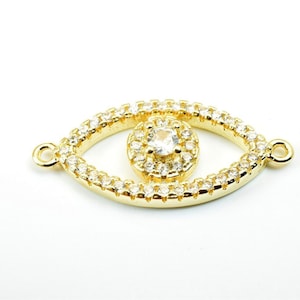 Evil Eye Rhinestone Connector 14K Gold Filled Look- Size 25x10mm Micro Pave Bead with Clear CZ Cubic Zirconia- GFM34A