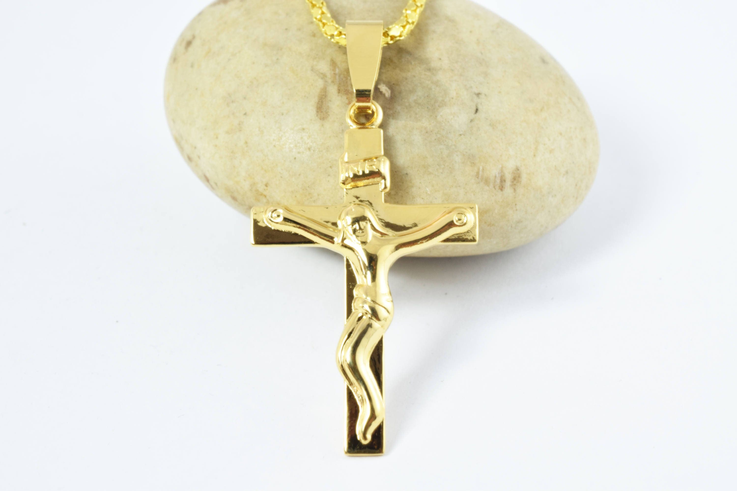 18k Gold Plated Cross Necklace With Holy Mary Pendant - 24 Inch Rosary Style Chain