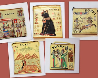 Egyptian Fabric Bags - Hieroglyphic Art Tote - Lightweight Cotton, Double Sided Print, 7x8 Inches, Gift Idea