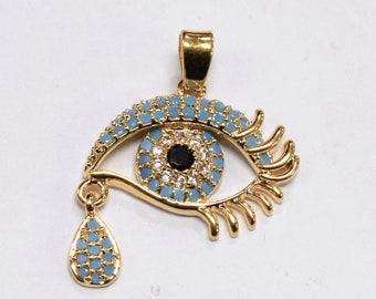 Evil Eye Teardrop und Wimpern klar und Türkis Zirkonia Strass Charm Anhänger 18K Gold gefüllt Größe 25x20mm Micro Pave Perlen