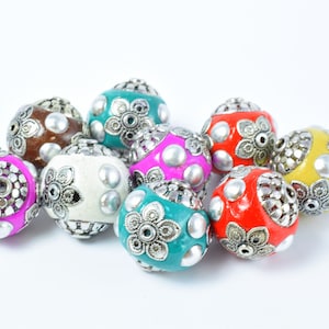 Indonesian Kashmir Clay Beads Handmade Beads 4 PCs, Bohemian Bali Style Jewelry Making Decorative Round Beads, Studded Beads,