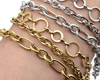 Cadenas de eslabones chapadas en oro: estilos ovalados y circulares texturizados - Acero inoxidable, fabricación de joyas artesanales, pulseras, collares