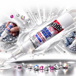 May include: A white tube of E6000 Fabri-Fuse adhesive with a red and blue label, featuring a precision applicator tip. The tube displays the text E6000 and Fabri-Fuse, with a net weight of 2.01 fluid ounces (56.2 ml) surrounded by scattered rhinestones.
