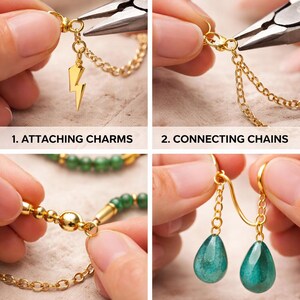 May include: A four-part instructional guide titled HOW TO USE JUMP RINGS. Panels show using pliers to attach a gold lightning bolt charm, connect gold chains, fix jewelry, and make earrings with green teardrop beads. Seven gold jump rings are below.
