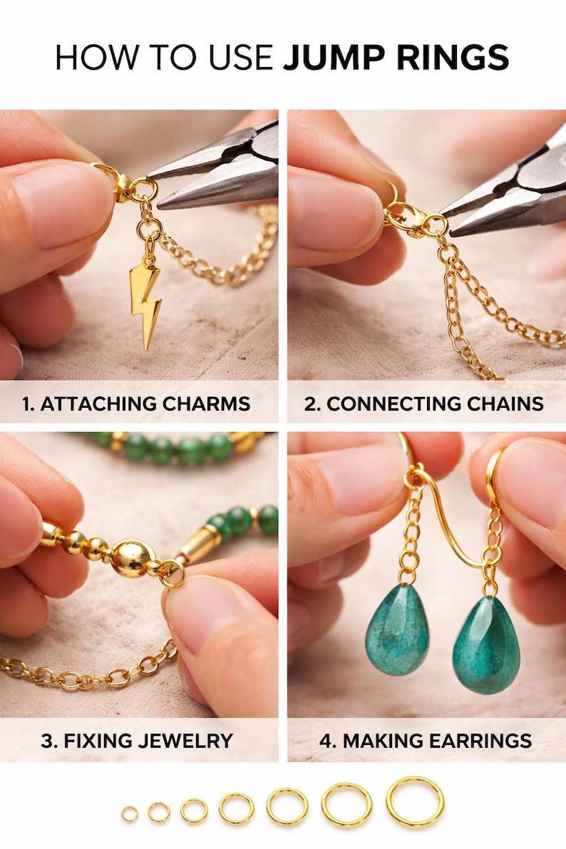 May include: A four-part instructional guide titled HOW TO USE JUMP RINGS. Panels show using pliers to attach a gold lightning bolt charm, connect gold chains, fix jewelry, and make earrings with green teardrop beads. Seven gold jump rings are below.