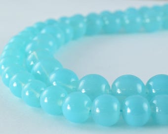 Perles de verre de couleur bleu laiteux rondes de 8 mm/10 mm, perles rondes brillantes pour la fabrication de bijoux