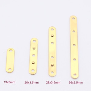 May include: Four gold-colored metal connector bars of varying lengths, each with evenly spaced holes for screws. The sizes are labeled as 13x3mm, 20x3.5mm, 28x3.5mm, and 36x3.5mm. The bars are arranged vertically against a white background.