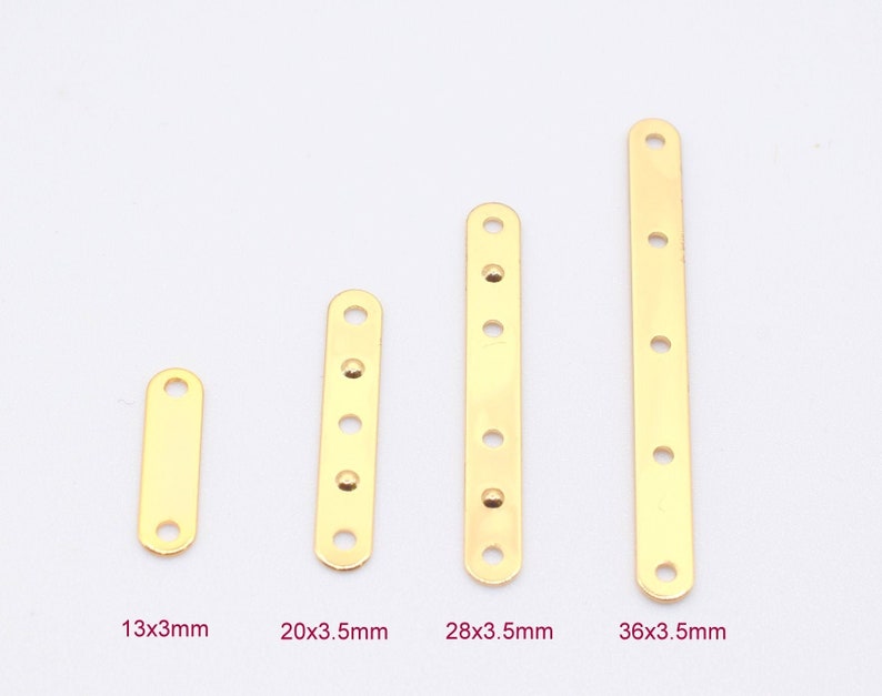 May include: Four gold-colored metal connector bars of varying lengths, each with evenly spaced holes for screws. The sizes are labeled as 13x3mm, 20x3.5mm, 28x3.5mm, and 36x3.5mm. The bars are arranged vertically against a white background.