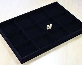 Beads Organizer Tray Black Velvet Display Size 14"x9.5"x1.25", 12 Compartments for Beads or Chain or Coins Display, Item# 160001802833
