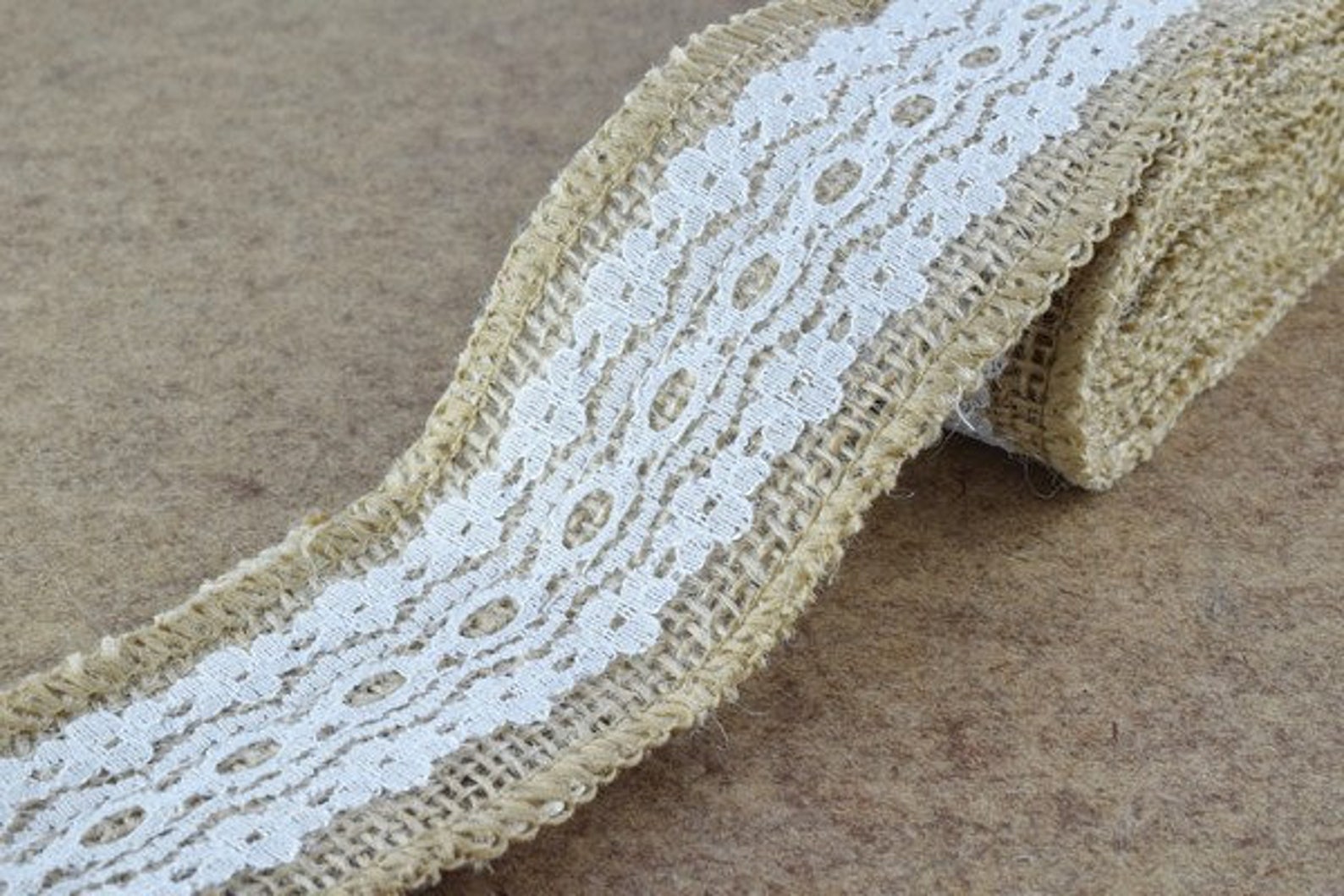 Burlap Ribbon Wired Burlap Trim With White Lace 1 Yard Burlap Etsy