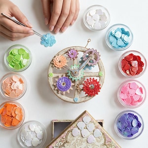 Pode incluir: Um relógio decorativo com enfeites em forma de engrenagens e lantejoulas coloridas. Pequenas tigelas de vidro circundam o relógio, cheias de lantejoulas em forma de concha de várias cores. Um par de mãos usa pinças para colocar uma flor de lantejoulas azuis.