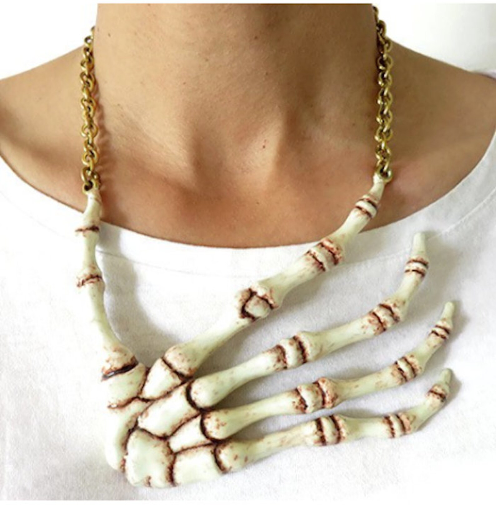 Hand Bone Necklace in Brass and Oxidized Antique Color rocker Etsy