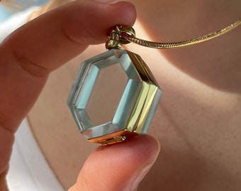 New Fillable Gold Locket Hexagon Locket Beehive Glass Locket Gems Gold Plated Locket Gold Floating Shaker Locket Glass Locket Unusual Gift