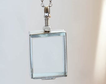 Medium Clear Glass Rectangle Locket Necklace, Personalised Locket for Ashes, Dog Ash Hair Keepsake Locket, Engraved Memorial Photo Locket