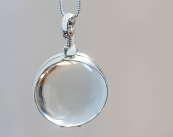 Round Silver Lockets for Hair, Glass Locket for Photo Locket, Sterling Silver Locket, Statement Locket, Silver Locket Pendant for Necklace