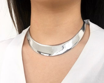 Sterling Silver Choker Necklace Thick Silver Collar Necklace Silver Torque Necklace Evening Jewelry Statement Necklace Classic Neckring Torc