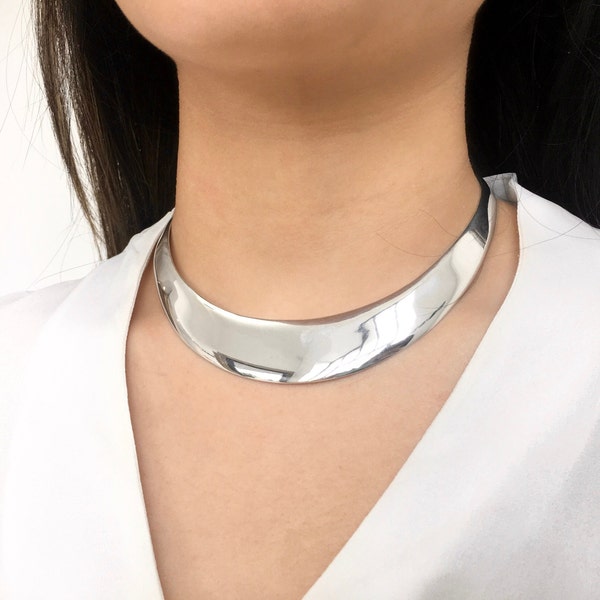Sterling Silver Choker Necklace Thick Silver Collar Necklace Silver Torque Necklace Evening Jewelry Statement Necklace Classic Neckring Torc