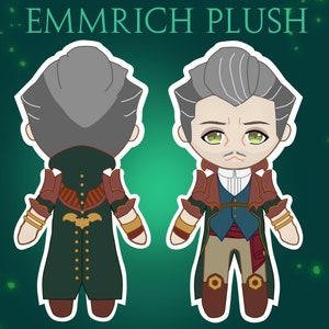 Puede incluir: Un juguete de peluche de un personaje con cabello gris, un abrigo verde y un chaleco rojo y dorado. El juguete est&aacute; de pie con los brazos extendidos. El texto "EMMRICH PLUSH" est&aacute; en la parte superior de la imagen y "GIZMOFORGE,ETSY.COM" en la parte inferior.
