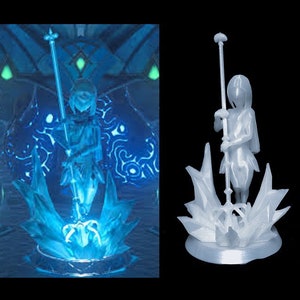 May include: A translucent figurine of a person holding a staff, standing on a base of stylized ice crystals. The figure is depicted in a flowing garment. The base is round and has a dark border. The background is black.