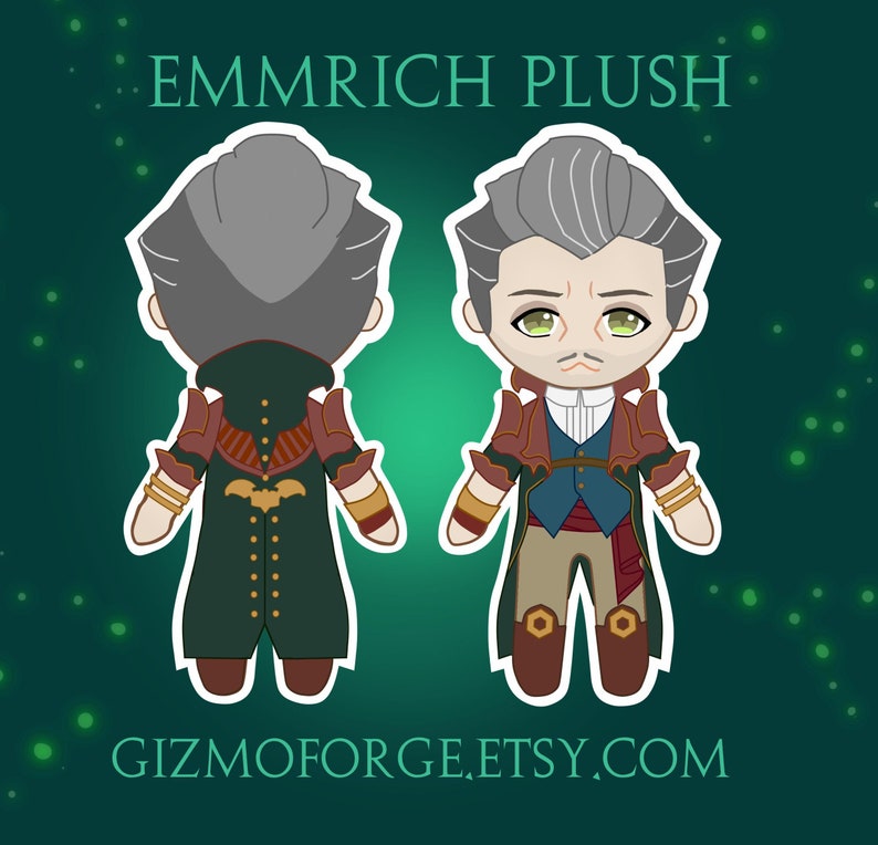Puede incluir: Un juguete de peluche de un personaje con cabello gris, un abrigo verde y un chaleco rojo y dorado. El juguete est&aacute; de pie con los brazos extendidos. El texto "EMMRICH PLUSH" est&aacute; en la parte superior de la imagen y "GIZMOFORGE,ETSY.COM" en la parte inferior.
