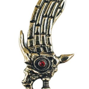 May include: A gold-colored pendant necklace featuring a stylized sword design. The pendant has a wing-like shape with intricate detailing, a red gem, and a chain. The necklace is a fantasy-themed accessory.