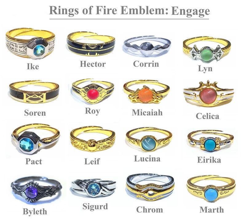 May include: A collection of sixteen rings, each with a unique design and gemstone, displayed against a white background. The rings are gold, silver, and black, with various colored stones. Text at the top reads "Rings of Fire Emblem: Engage."