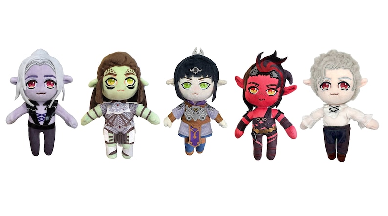 May include: Five plush toys of different fantasy characters. The characters are a purple elf, a green goblin, a blue elf, a red demon, and a white elf. Each plush toy is about 10 inches tall and has a unique design.